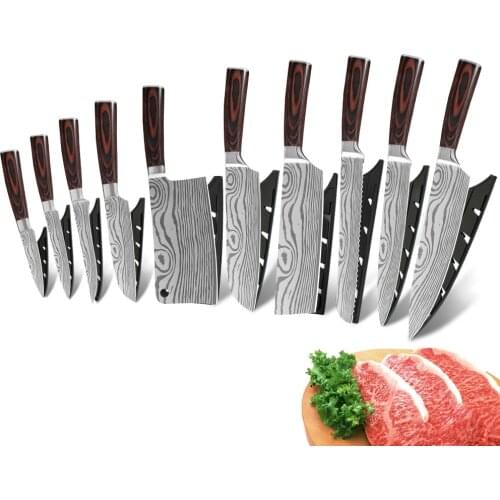 XYj Damascus Veins 7cr17 Stainless Steel Knives 10 Pcs Set Knife Covers Sheath Vegetables Meat Sushi Fish Cake Kitchen Tools