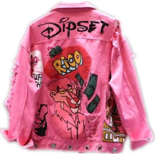 Harajuku Pink/Yellow Denim Jacket Women Graffiti Ripped Holes Jeans Jackets For Teens Girl 2021 Loose Coats Outfit
