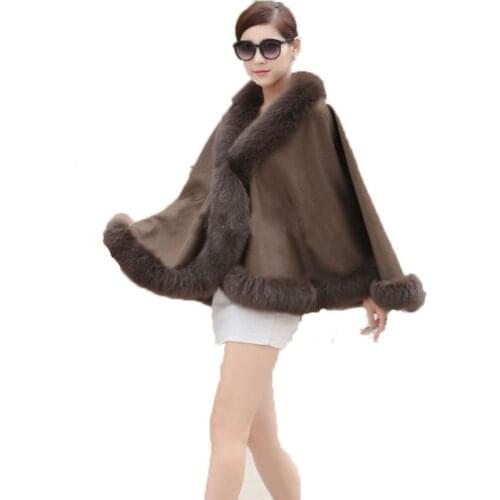 Ladys Genuine Real Cashmere Genuine Fox Fur Women Shawl Coat Cloak Female Ponch Winter Cape Wraps BROWN