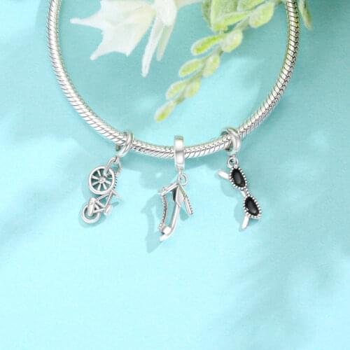 925 Sterling Silver High Heels Glasses Bicycle Beads Fit European Original Charms Pendant Bracelets Jewelry for Women DIY Making