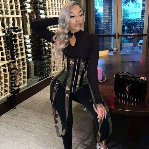 2 Piece Women Camouflage Printed Corset Jumpsuit Sets Fitness Jogger Outfits Bandage Buckle Zipper Corset Top Overalls Two Piece