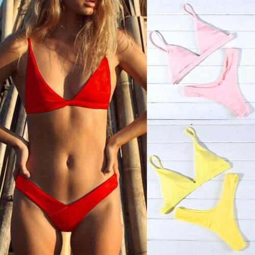 2Pcs Women Summer Bikinis Set Solid Color V-Neck Padded Bra Thongs Swimsuit Push-up Swimwear Beachwear Bathing Suits