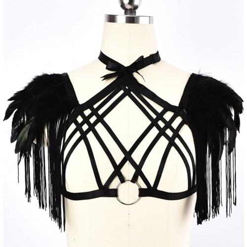 Gothic Black Tassel Crop Top Body Harness Women Fetish Wear Harajuku Feather Body cage Bra Lingerie bondage harness Bra