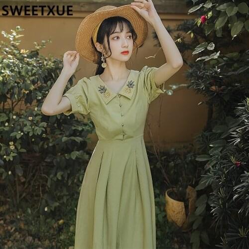 SWEETXUE Vintage French Green Fresh Dress Women Pineapple Embroidery V-neck Fashion Elegance Korean Chic Robe Mujer Female