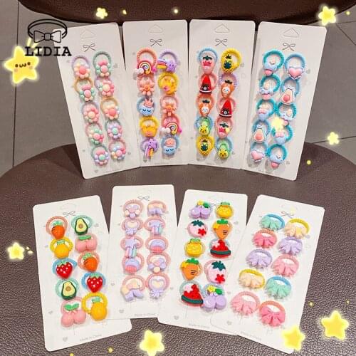 Girls Cartoon Fruit Animal Rubber Bands Set 10pcs A Pack Small Elastic Hair Accessories Tie Rope Bow Floral Children Headwear