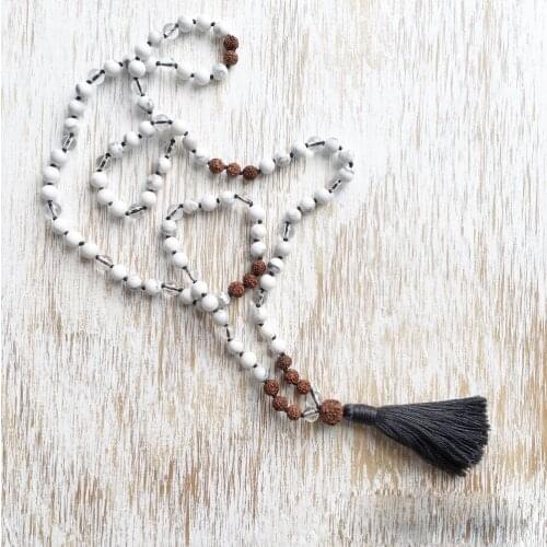 108 Mala Beads Necklace White Howlite & WhiteQuartz Necklace Rudraksha Mala Beads Buddhist Jewelry Prayer Necklaces Hand Knotted