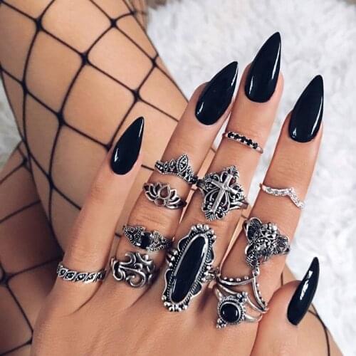 12 Pcs/set Bohemian Retro Black Gem Elephant Cross Hollow Lotus Ring Set Women Geometry Finger Ring Jewelry Accessories