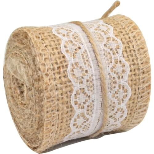 2m Multicolor 100% Natural Jute Burlap Hessian Ribbon +Lace Trims Tape Rustic Favor Wrapping For Wedding Decorations DIY