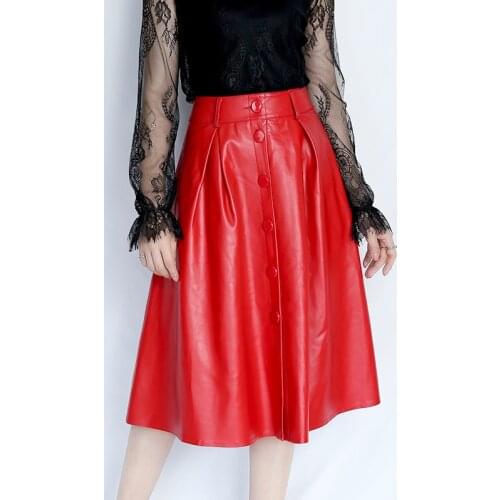 2021 New Style Women Simple Single Row Buckle Genuine Leather Long Skirt