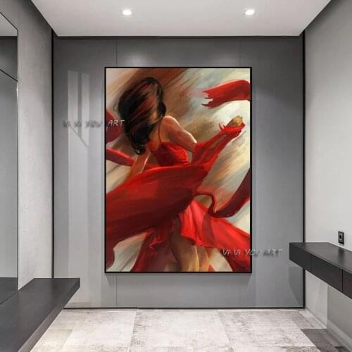 Abstract Hand Painted Red Dress Women Oil Painting Modern Nordic Posters Wall Art Pictures for Living Room Home Decor Unframed