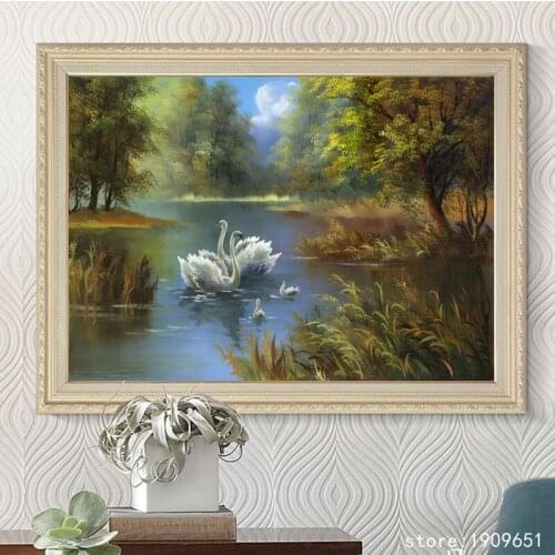 Cotton no frame classical swan lake landscape canvas printings oil painting printed on cotton home wall art decoration pictures