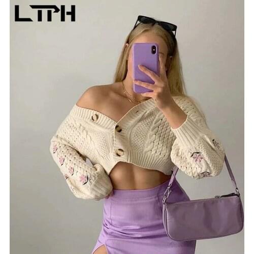 LTPH ins vintage women sweaters cardigan long sleeve top Floral embroidery knitted blouse loose casual Outwear 2021 summer new