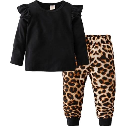 Fashion Cool Baby Girls Clothing Set Cotton Long Sleeve Black Tops+Leopard Pants Casual Toddler 2Pcs Newborn Baby Girls Clothes