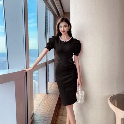 Latest Summer New Women Puff Sleeve Midi Bandage Dresses Elegant Slim Bodycon Office Dress Beading Corset Package Hip Vestidos