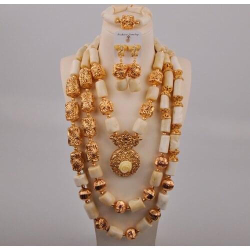 New Arrived White Coral Necklace African Beads Jewelry Set Dubai Gold Nigerian Bridal Jewelry Sets