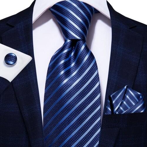 Hi-Tie Striped Business Mens Tie 8.5cm Blue Navy 100% Silk Tie For Men Design Hanky Cufflink Quality Men Tie Set Dropshipping