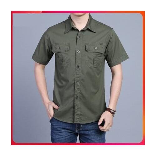 New Mens Military Shirt Men Short Sleeve Cargo Shirts 100% Cotton Casual Solid Shirt Male Pocket Work Shirt