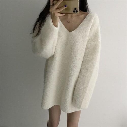 2021 loose v-neck solid color sexy furry top