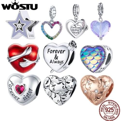 WOSTU Authentic 925 Sterling Silver Heart Shaped Scaly Beads Charms Pendant Fit Bracelets Women DIY Fine Jewelry Gift Making