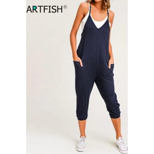 Casual Long Jumpsuit Pencil Pants Pockets Summer Women Sleeveless Rompers Loose Cotton Overall Playsuits Solid Mono Mujer M0455