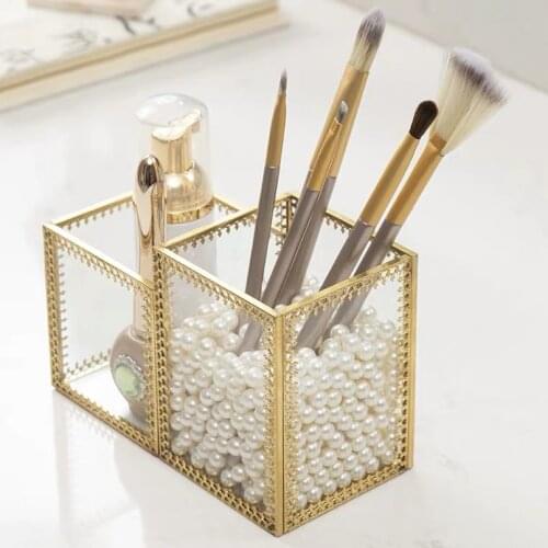 Nordic Transparent Makeup Brush Barrel with Pearls Pen Holder Cosmetic Storage Box Glass Copper Face Mask Case Jewelry Organizer