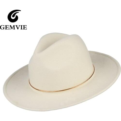 GEMVIE 100% Wool Hat White Felt Fedoras Hat For Women Metal Ring Lady Wide Brim New Fashion Autumn Winter Panama Jazz Cap