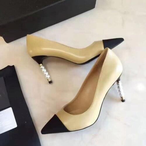 Mixed Colors Pumps Women Genuine Leather Pearl Heels 8cm Slip on Party Shoes Classic Style Luxury Brand Design Chic Woman Shoe