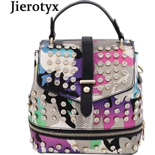 JIEROTYX 2020 Punk Style Women Bag Camouflage Pattern Shoulder bag for Teenage Girls PU Leather Over Shoulder Bags Diamonds