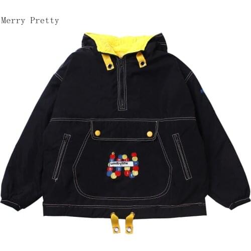 Merry Pretty Vintage Jacket Women Velvet Thick Fleece Hooded Cotton-padded Coat Black Letter Embroidery Winter Warm Parkas