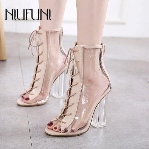 Womens Ankle Strap Boots NIUFUNI 2021 Peep Toe Transparent Back Zipper High Heels Crystal Casual Shoes For Women femmes bottes