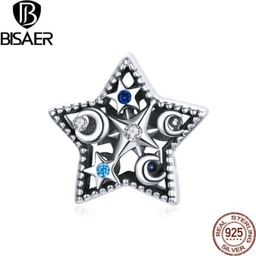 Bisaer 100% 925 Sterling Silver Star Moon Beads CZ Charm fit Women Charm Bracelet & Necklace Jewelry Fine Gift EFC441