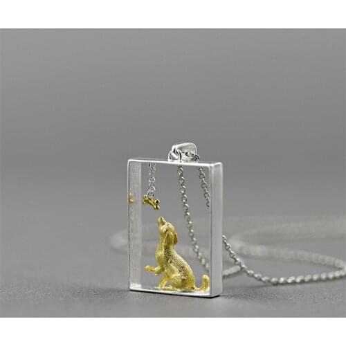 Lotus Fun Moment 925 Sterling Silver Jewelry Cute 18K Gold Dog and Bone Shaped Pendant Necklace For Women Gift Rectangle Pendant