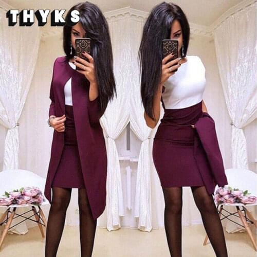 New Sexy Formal Dress Suits Women Long Blazer Jacket+Sheath O-Neck Mini Dress office wear 2 Piece Female Sets trajes de mujer