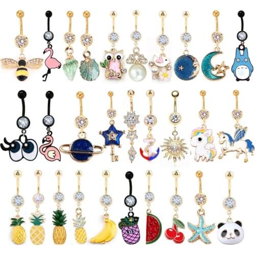 1PC Womens Gold Piercing Navel Gold 14G 316L surgical steel Crystal Flower Dangle Navel Belly Button Ring Body Piercing Jewelry