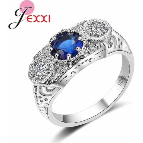 Hot Sale Real 925 Sterling Silver Rings Blue Austrian Crystal CZ Cubic Zircon Stone Women Wedding Jewelry Bague Bijoux