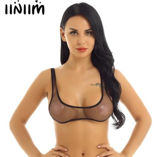 Womens Lingerie Exotic Tanks See Through Fishnet Hollow Out Special Night Wide Shoulder Straps U-neckline Vest Crop Top Bra Top