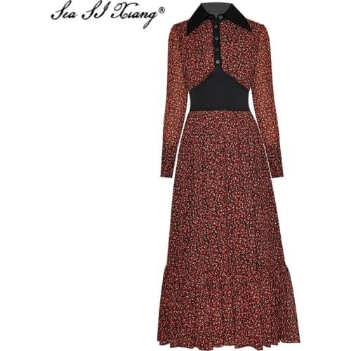 Seasixiang Fashion Designer Summer Dress Womens Turn-down Collar Long Sleeve Floral Print High Waist Vintage Dresses
