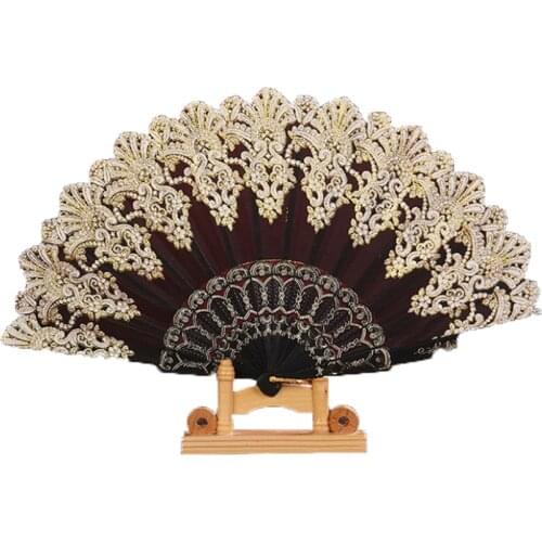 2021 Retro Folding Hand Fan Plastic Gold Powder Craft Fan White Wedding Party Chinese Style Dance Cloth Folding Fan Handheld