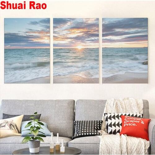 3 Panel Seascape Sunset Beach Wave diamond Embroidery full round /square drills Triptych diamond painting mosaic home art