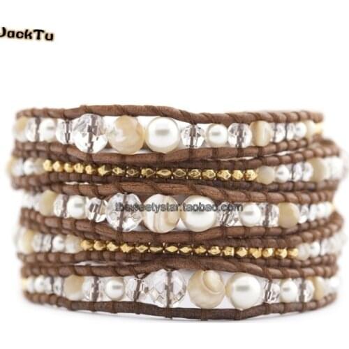 4mm brown mother of pearl mix crystal wrap bracelet on natural brown leather