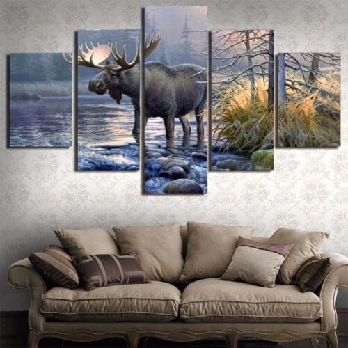 5 Pieces of Wall Art Canvas Living Room Abstract Elk Animal Lake Landscape Poster Home Decoration Modern HD Printing Frameless