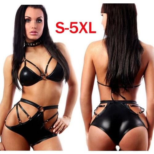 Black Halter Neck Wet Look Mini Bra Hot Pants Faux Leather Lingerie Set Temptation Women Bikini Gothic Stripper Clubwear