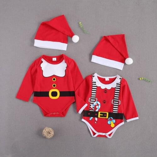 2020 Newborn Baby Christmas Cosplay Costume Long Sleeve Round Neck Bodysuit Jumpsuit + Santa Hat Clothes for Infant Boys Girls