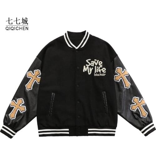 Hip Hop Cross Jesus Crucified Embroidery Baseball Jacket Men Streetwear Patchwork Bomber Jacket Harajuku Loose Varsity Coat