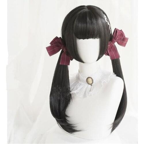 Lolita Girl 55CM Long Straight Black Bangs Japan Cute Doll Lady Women Cosplay Wig D132