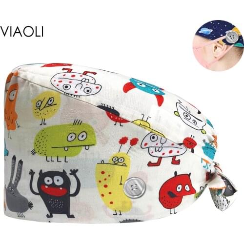 Health Service Scrubs Women Hat Adjustable Elastic Cartoon Print Nurse Cap 100%cotton Pet Grooming Work Hat with Sweat-absorbent