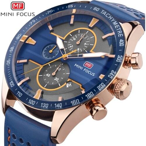 MINI FOCUS Royal Business Quartz Watch Men Leather Strap 3 Sub-dial 6 Hands Chronograph Mens Watches Top Brand Luxury Best Gift
