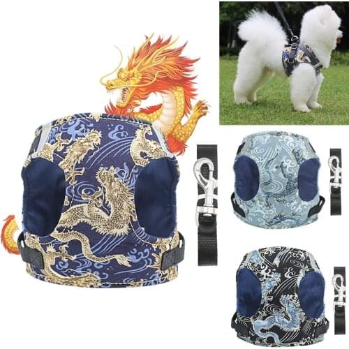 Dog Harness and Leash Set Pet Chest Strap for Small Medium Dog Dragon pattern Reflective Harnesses Pug Chihuahua Bulldog