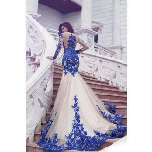 2020 New Arrival Long Sleeve Royal Blue Lace Evening Dresses Mermaid Tulle Prom Gowns 2019 Newest