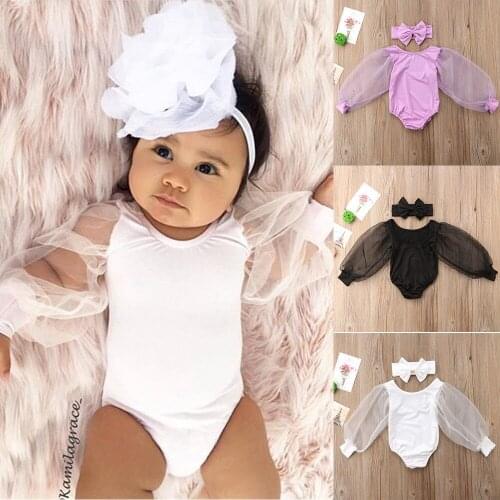Newborn Infant Baby Girls Long Sleeve Romper Jumpsuit Headband Outfits